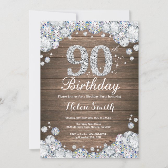 Rustic 90th Birthday Silver Diamond Invitation (Front)