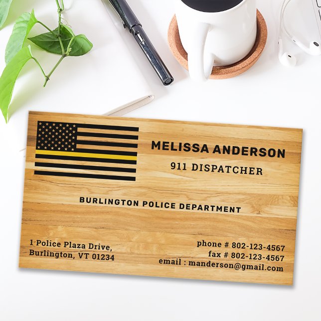 Rustic 911 Dispatcher Thin Gold Line Flag Wood Business Card (Creator Uploaded)