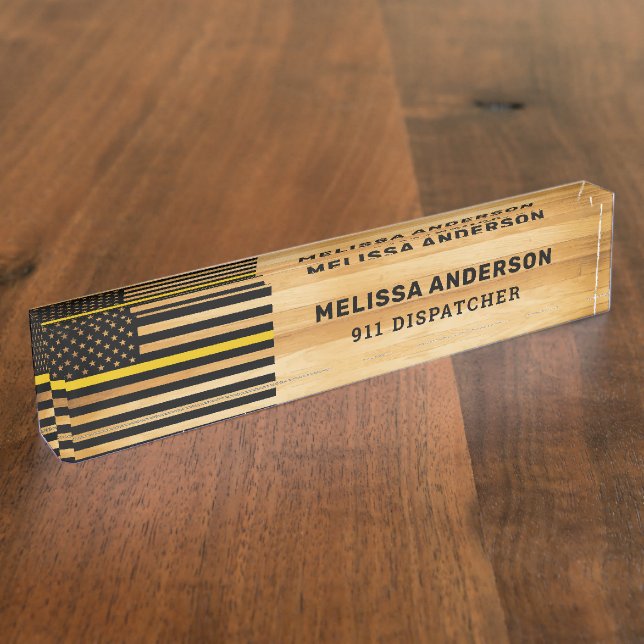 Rustic 911 Dispatcher Thin Gold Line Flag Wood Des Nameplate (Side)