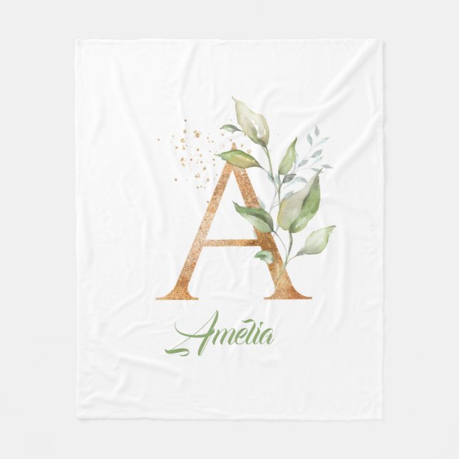 Rustic A monogram greenery foliage eucalyptus gold Fleece Blanket (Front)