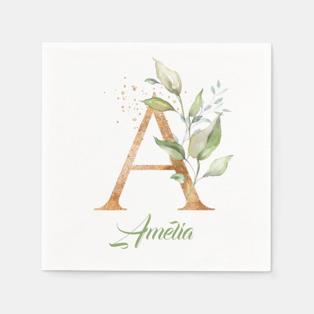 Rustic A monogram greenery foliage eucalyptus gold Napkin (Front)