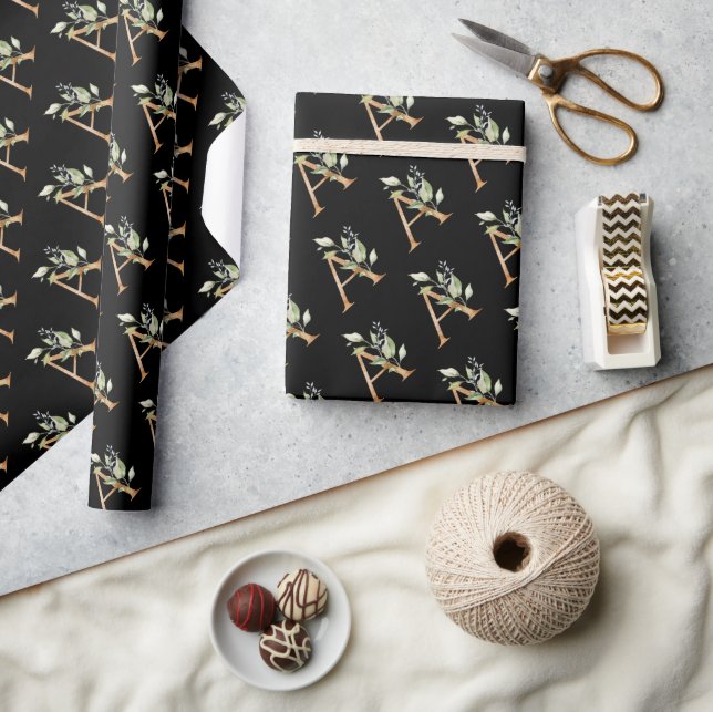 Rustic A monogram greenery foliage eucalyptus gold Wrapping Paper (Crafts)