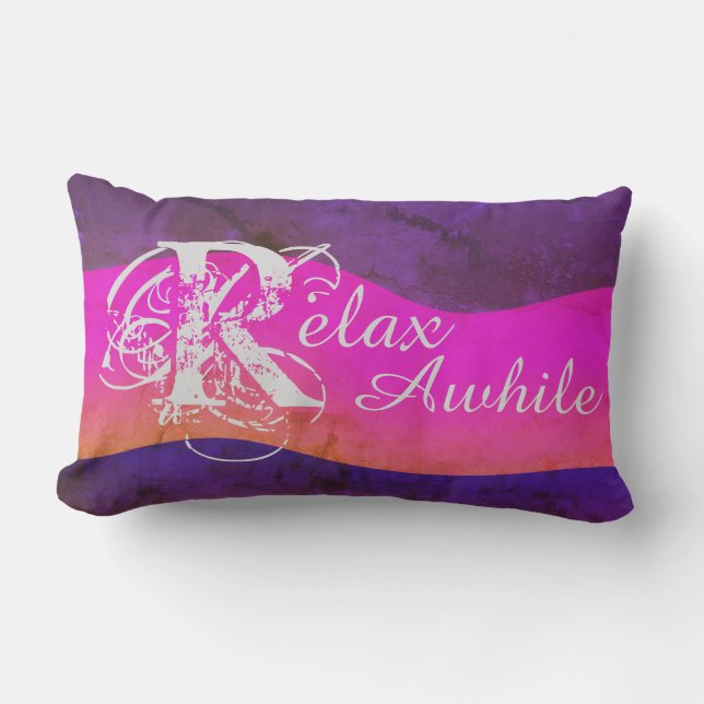 Rustic Abstract Art "Relax Awhile" Purple Pink Lumbar Cushion (Front)