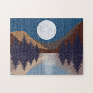Rustic Abstract Landscape Forest Moon Reflection Jigsaw Puzzle
