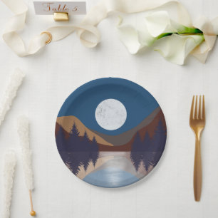 Rustic Abstract Landscape Forest Moon Reflection Paper Plate