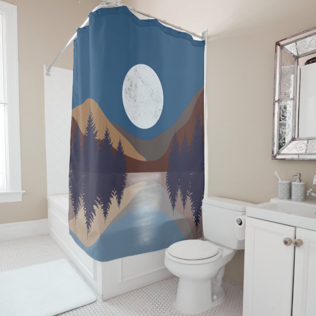 Rustic Abstract Landscape Forest Moon Reflection  Shower Curtain (In Situ)