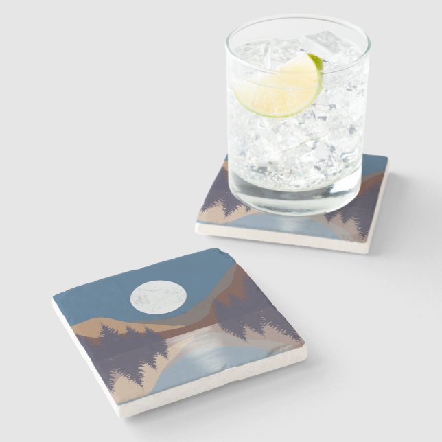 Rustic Abstract Landscape Forest Moon Reflection Stone Coaster (Side)