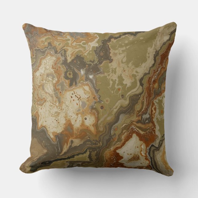 Rustic Abstract Olive Green Amber Mustard Print Cushion (Front)
