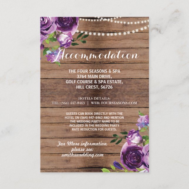 Rustic Accommodation Wedding Purple Wood Flowers Enclosure Card (Front)