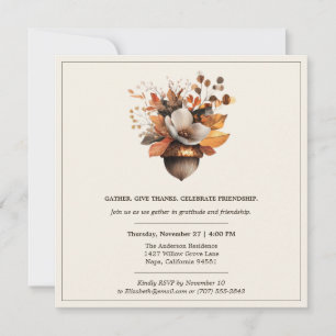 Rustic Acorn Floral Ivory Thanksgiving Dinner Invitation