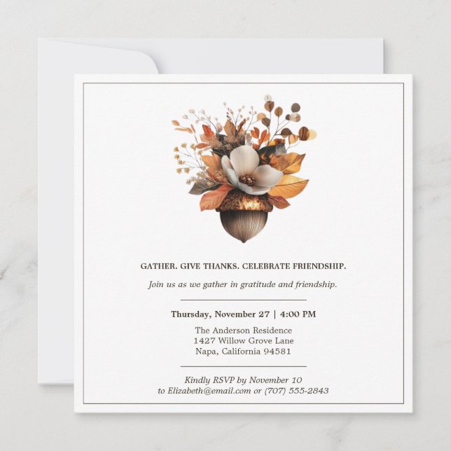 Rustic Acorn Floral | Thanksgiving Dinner Party Invitation (Front)