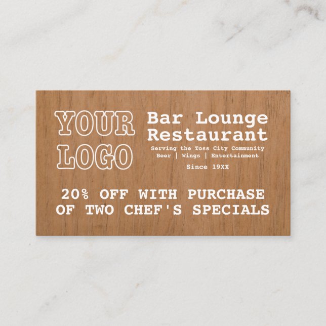 Rustic Add Logo Bar Longe Restaurant 20% Off Discount Card (Front)