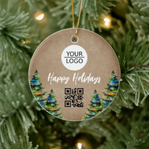 Rustic Add your Logo QR Code Custom Text Promotion Ceramic Ornament
