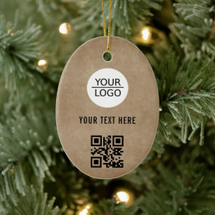 Rustic Add your Logo QR Code Custom Text Promotion Ceramic Ornament
