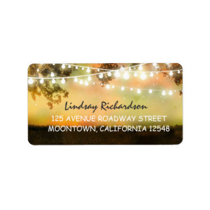 rustic address label with string lights