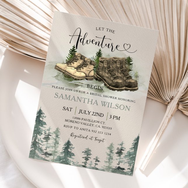 Rustic Adventure Begin Hiking Boots Bridal Shower Invitation (Creator Uploaded)