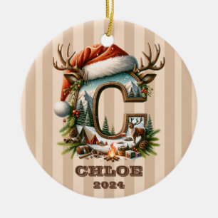 Rustic Adventure Letter C Santa Hat and Campfire Ceramic Ornament