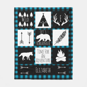 Rustic Adventure Tribal Wild Woodlands Blue Plaid Fleece Blanket