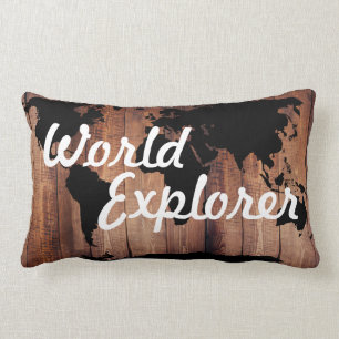 Rustic Adventure World Explorer World Map Dark Lumbar Cushion