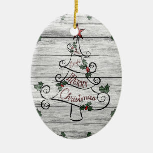 Rustic Aged Barn Wood Christmas Tree Holly Ceramic Ornament