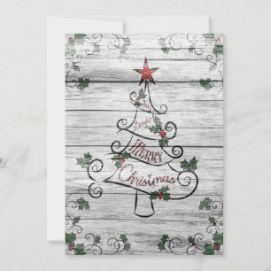 Rustic Aged Barn Wood Christmas Tree Holly Holiday Card