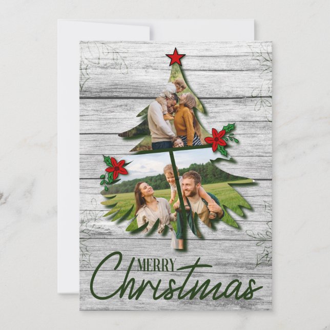 Rustic Aged Barn Wood Christmas Tree Photo Holiday Card (Front)