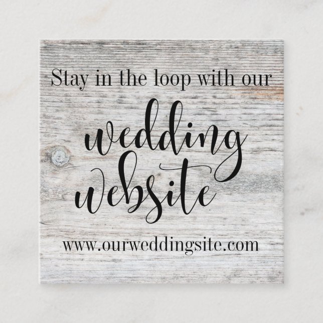 Rustic Aged Grey Wood & Script Wedding Website Enclosure Card (Front)