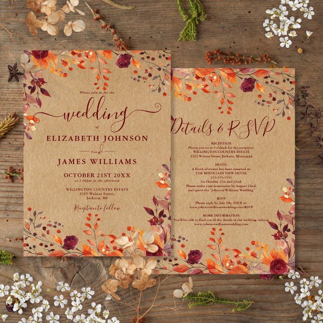 Rustic All In One Autumn Fall Floral Wedding Invitation (Creator Uploaded)