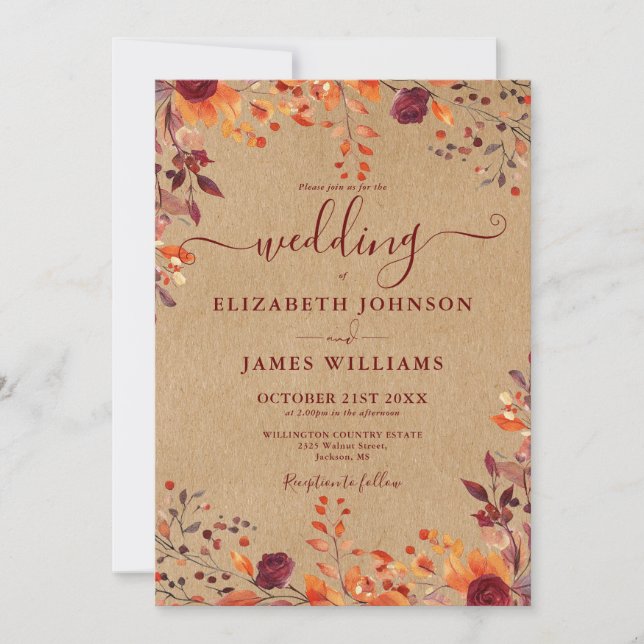Rustic All In One Autumn Fall Floral Wedding Invitation (Front)