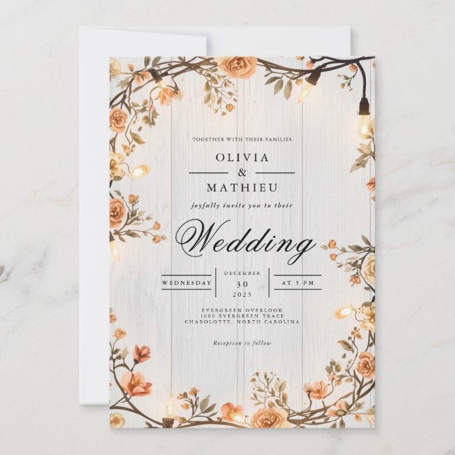 Rustic Amber Floral String Lights Wedding Invitation (Front)