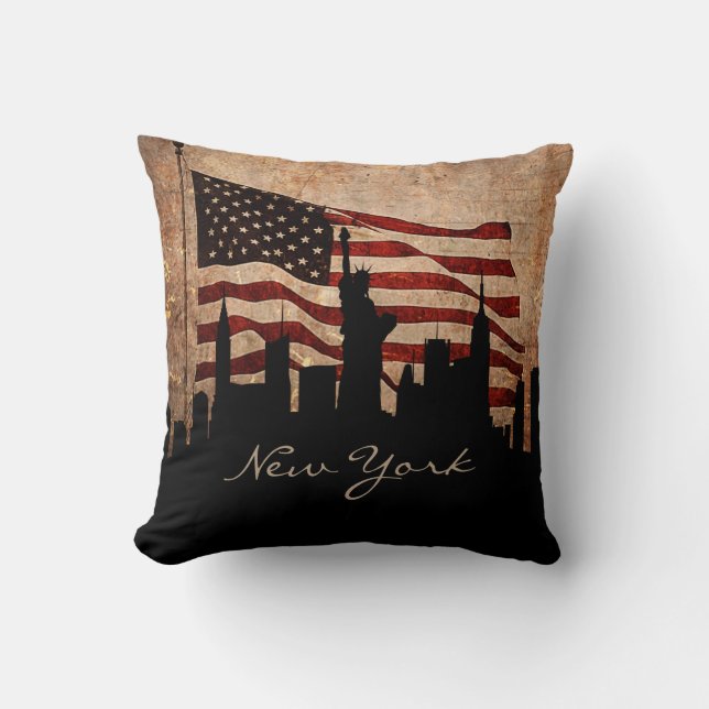Rustic America Flag New York Skyline | Landmark Cushion (Front)