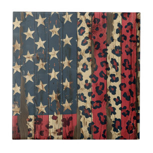 Rustic American Flag Leopard Print (1) Ceramic Tile