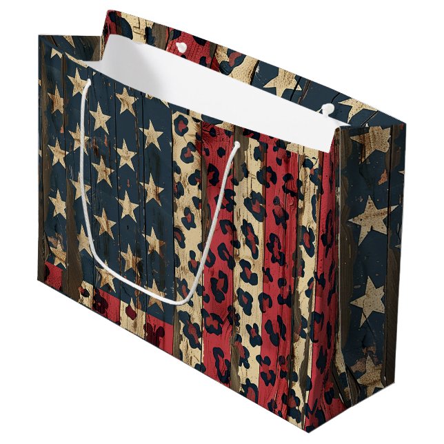 Rustic American Flag Leopard Print (1) Large Gift Bag (Front Angled)
