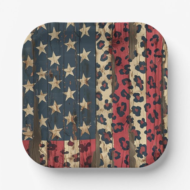 Rustic American Flag Leopard Print (1) Paper Plate (Front)