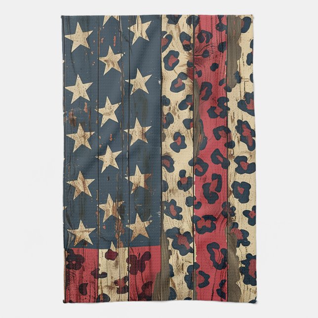 Rustic American Flag Leopard Print (1) Tea Towel (Vertical)