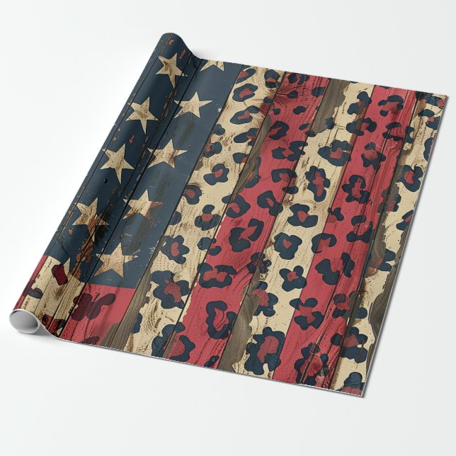 Rustic American Flag Leopard Print (1) Wrapping Paper (Unrolled)