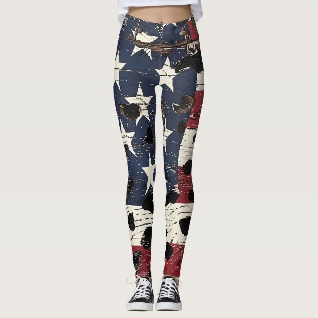 Rustic American Flag Leopard Print (2) Leggings (Front)