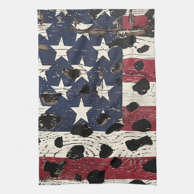 Rustic American Flag Leopard Print (2) Tea Towel (Vertical)