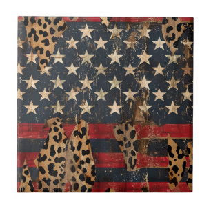 Rustic American Flag Leopard Print (3) Ceramic Tile
