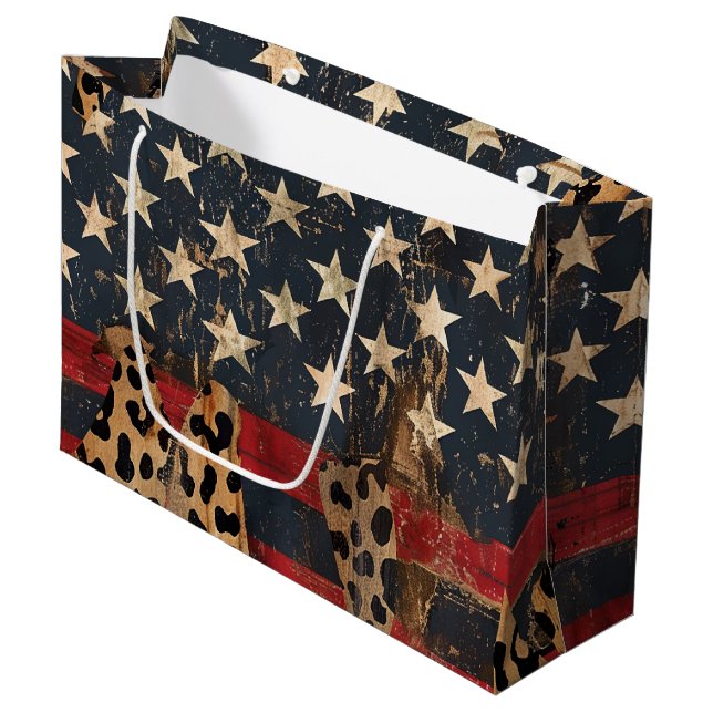 Rustic American Flag Leopard Print (3) Large Gift Bag (Front Angled)