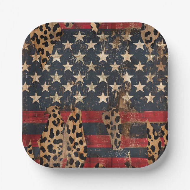 Rustic American Flag Leopard Print (3) Paper Plate (Front)