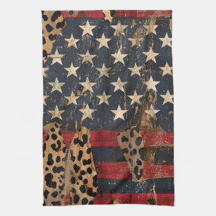 Rustic American Flag Leopard Print (3) Tea Towel