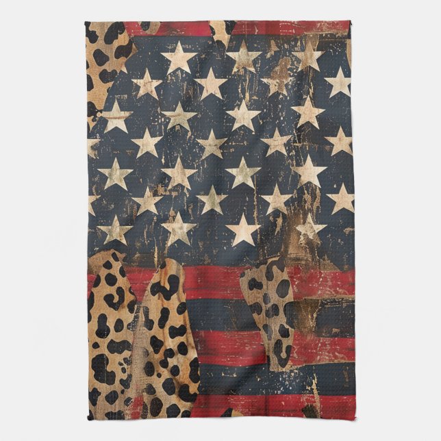 Rustic American Flag Leopard Print (3) Tea Towel (Vertical)