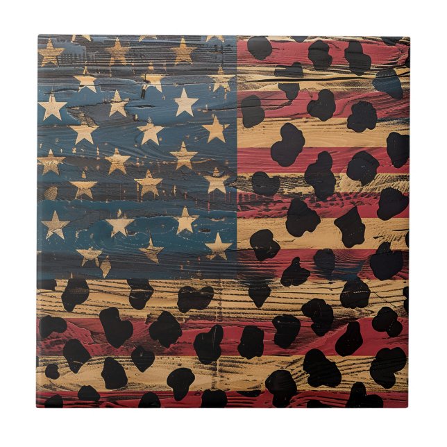 Rustic American Flag Leopard Print (4) Ceramic Tile (Front)