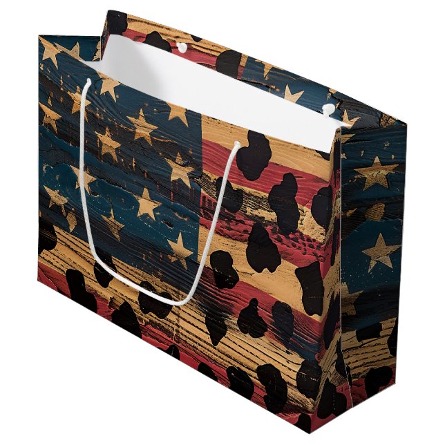 Rustic American Flag Leopard Print (4) Large Gift Bag (Front Angled)