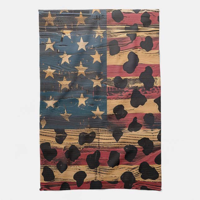 Rustic American Flag Leopard Print (4) Tea Towel (Vertical)