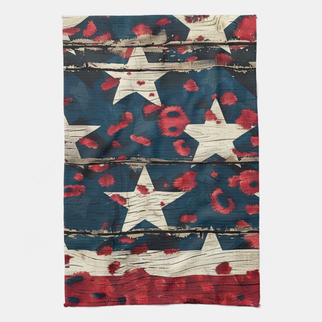 Rustic American Flag Leopard Print (5) Tea Towel (Vertical)