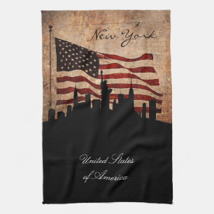 Rustic American Flag new York Skyline Tea Towel