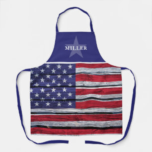Rustic American Flag & Star Family Name Apron