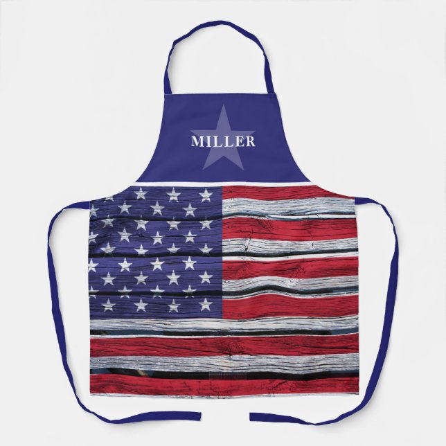 Rustic American Flag & Star Family Name Apron (Front)
